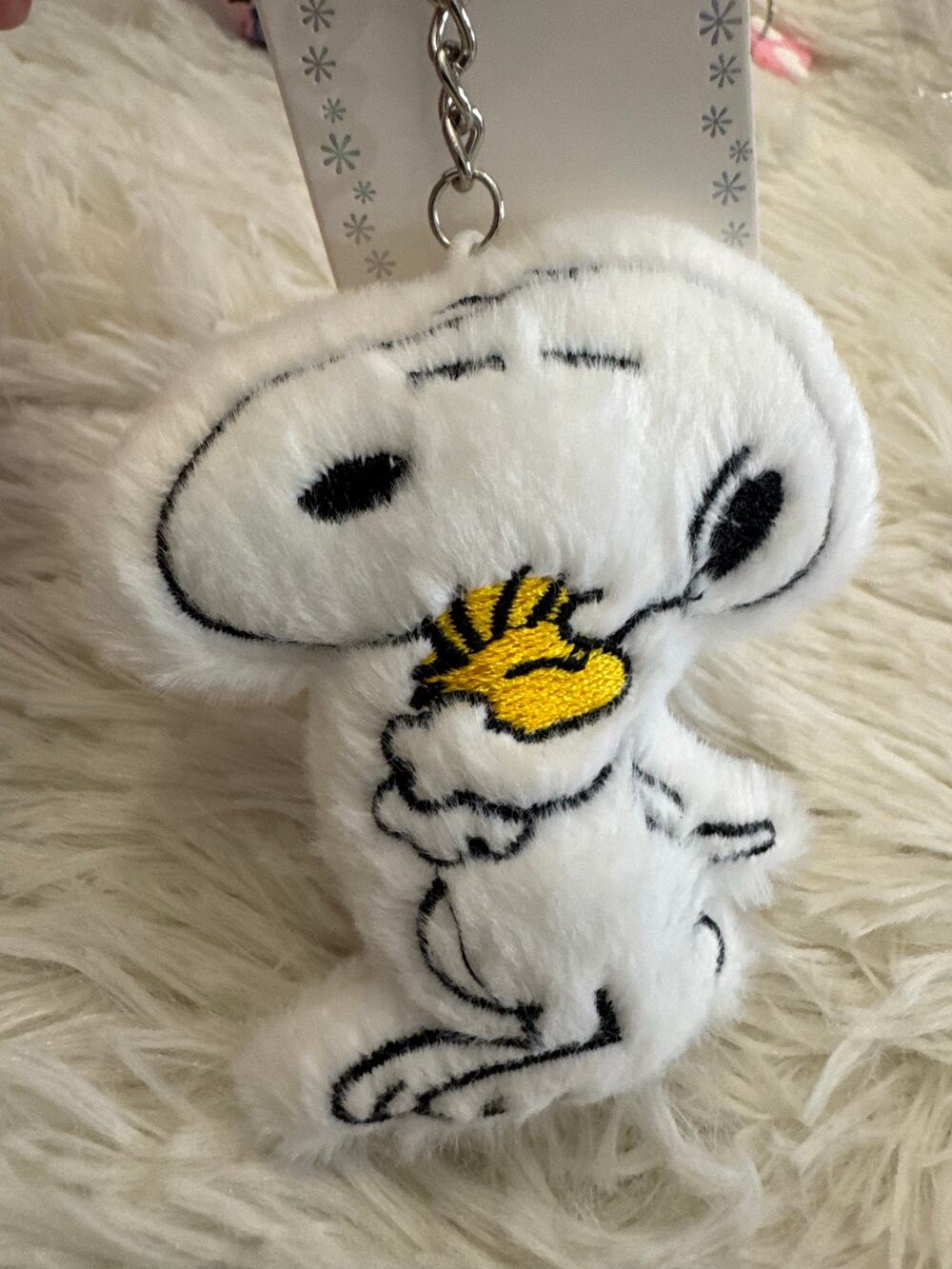 White Snoopy plush keychain bag charm hugging Woodstock